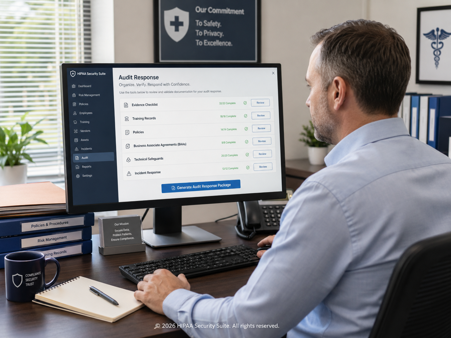Audit response export screen showing readiness across SRA, training, policies, BAAs, technical safeguards, and incident response