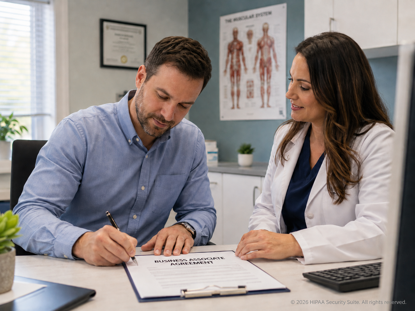 Business associate attestation workspace with BAA list, training completion, risk score, and exportable evidence package