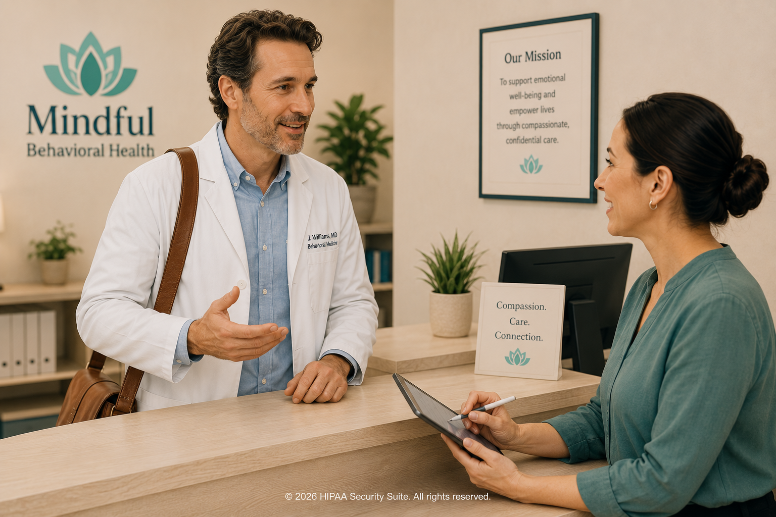 Behavioral health compliance workspace with telehealth vendor BAAs and remote clinician device security