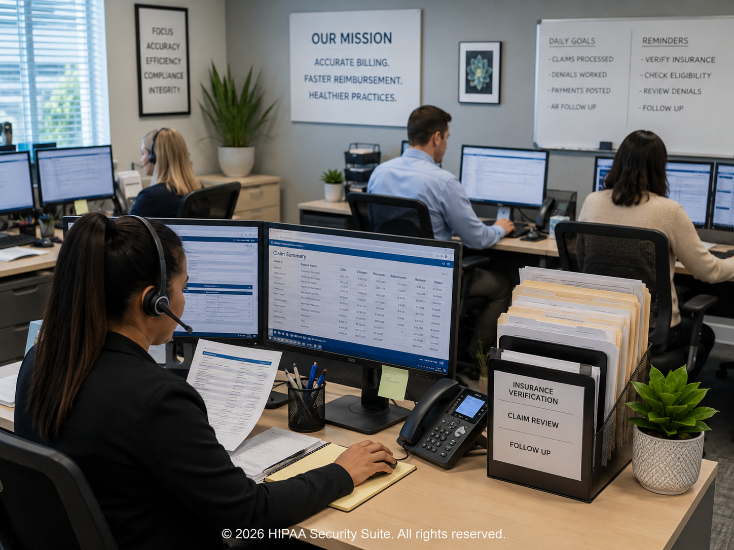 Medical billing company workspace showing covered-entity client BAAs, remote employee endpoint scans, and client attestation export