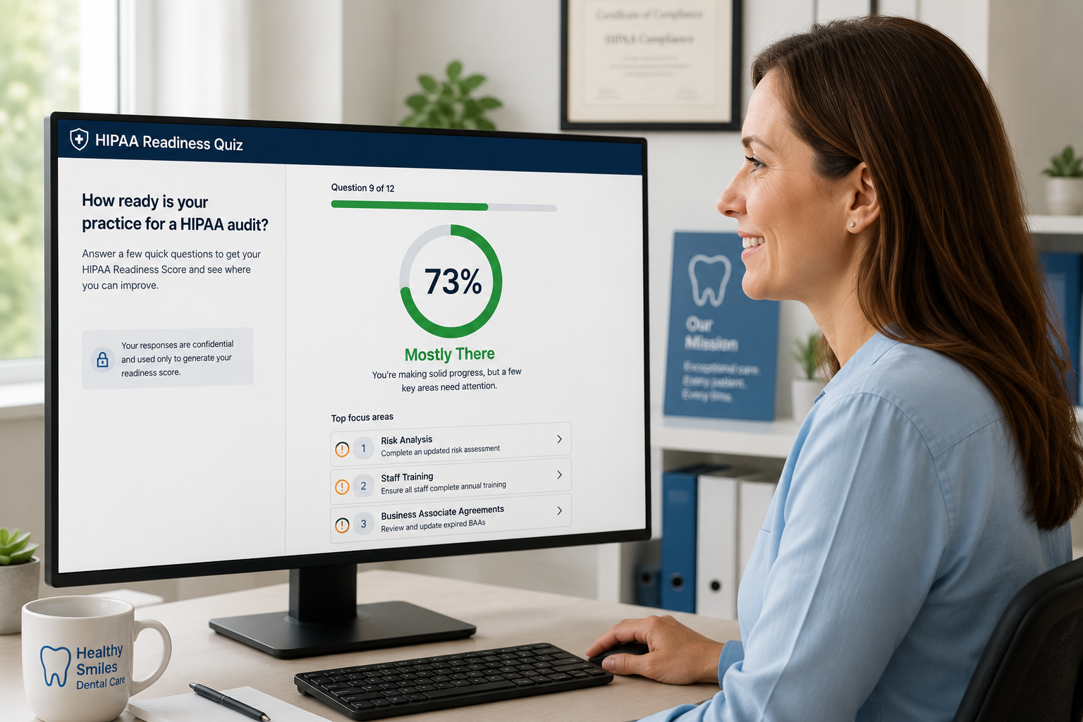 HIPAA readiness quiz interface showing a 73 percent score, readiness tier, and top focus areas